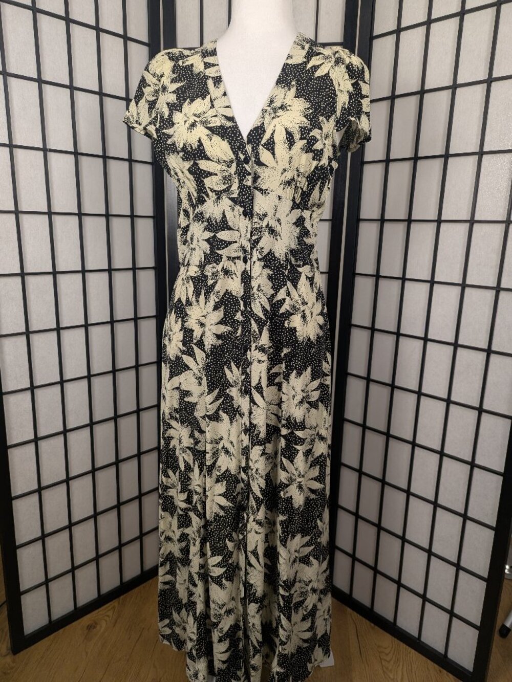 Whistles Floral Midi Dress Cupro Blend Puff Sleeve Black Cream UK 10 US 6